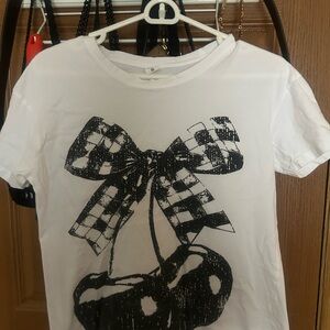 Graphic White T-Shirt with Checkered Bow